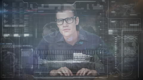 Futuristic Interface with Focused Man Analyzing Data