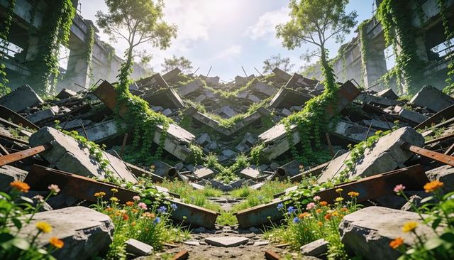 Sunlit concrete ruins overgrown with vines and wildflowers, symmetrical rubble path