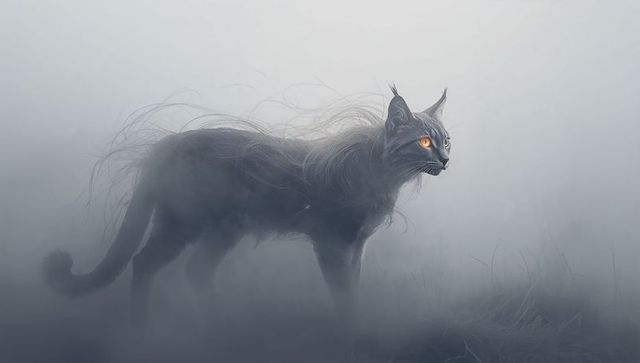 Misty Meadow Long-Haired Gray Cat with Glowing Amber Eyes Gliding Through Fog