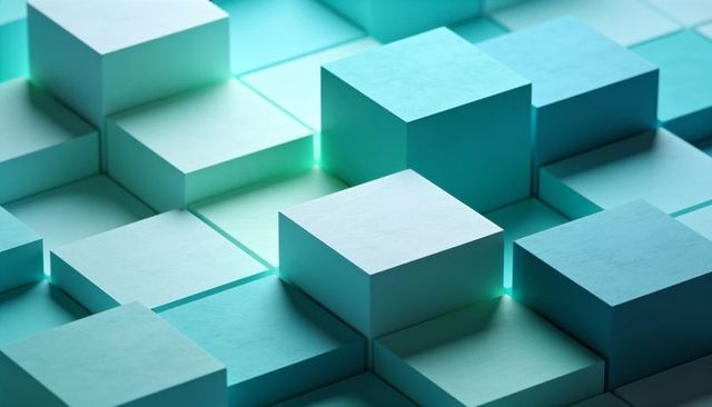 Matte teal cubes forming recessed grid with glowing seams abstract 3d geometry