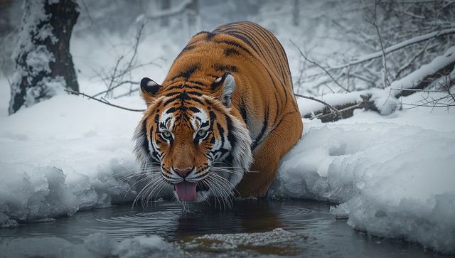 Siberian tiger drinking from icy stream in snowy forest, intense green eyes