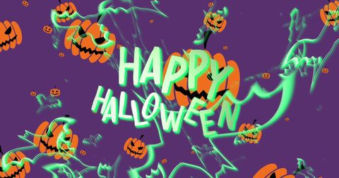 Glowing Happy Halloween Text with Pumpkins and Bats on Purple
