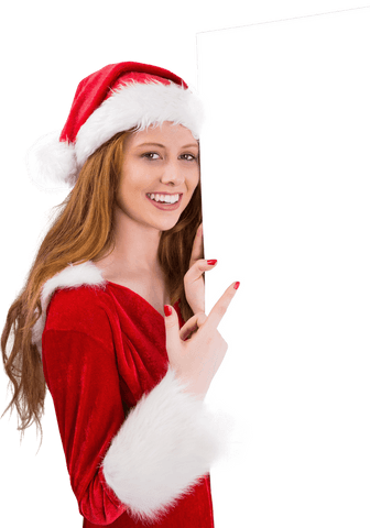 Transparent Background: Redhead in Santa Outfit Holding Blank Poster