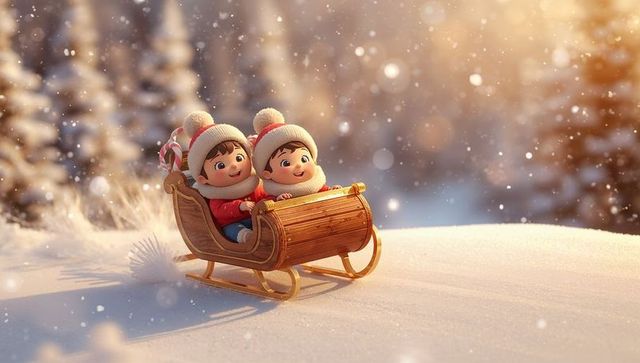 Two children sledding on snowy hill in wooden sleigh wearing red coats and pom-pom hats