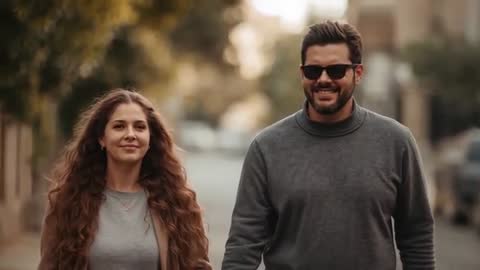 Couple walking on tree-lined street at golden hour, smiling and chatting lifestyle video