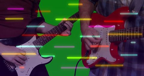 Dynamic Guitarists Jamming with Neon Highlights in Studio