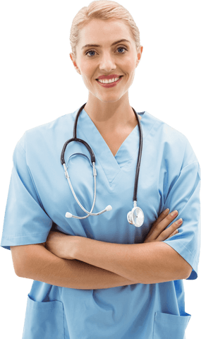 Confident female doctor smiling in blue scrubs on transparent background