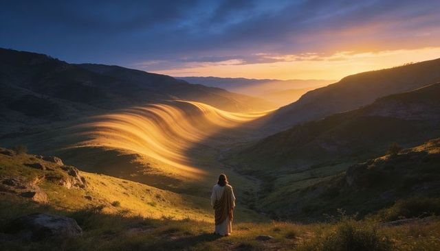 Robed figure watching golden wave of light flowing through mountain valley at dawn