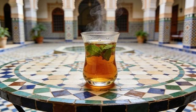 Steaming moroccan mint tea in tulip glass on mosaic table with courtyard fountain