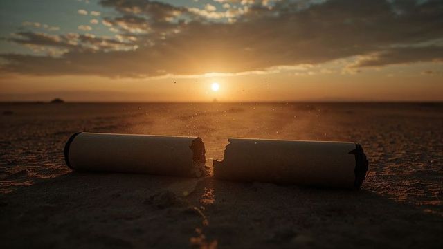 Broken cylinders at sunset casting shadows on desert