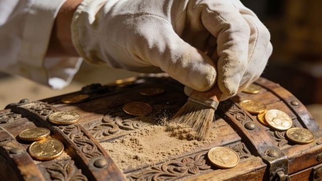 Conservator brushing dust from ornate antique wooden chest with gold coins and rivets
