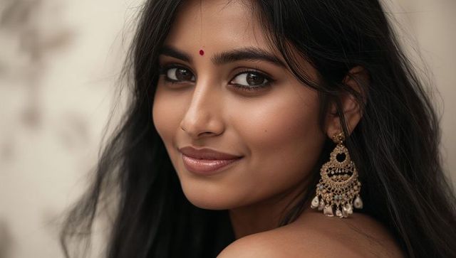 Smiling young woman wearing gold jhumka earrings and red bindi, close-up beauty portrait