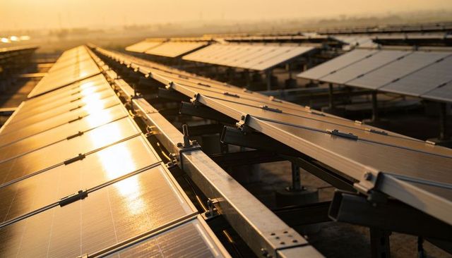 Glinting solar panels reflecting golden sunrise across ground-mounted racking and rails