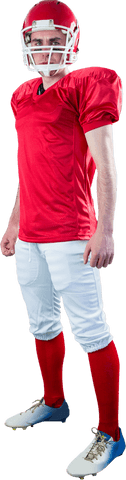 Transparent american football player in red uniform staring confidently