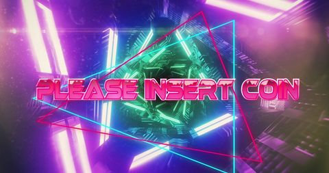 Retro gaming message with neon infused digital tunnel background