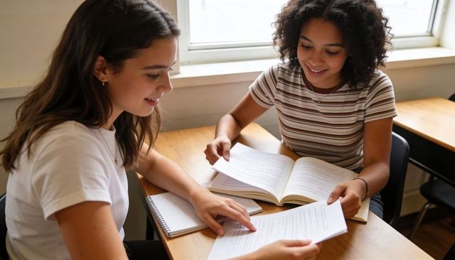 Young women studying together at desk sharing textbook and notes in bright classroom