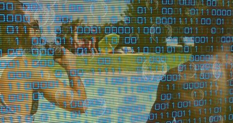 Poolside friends chatting with binary code overlay representing digital privacy and tech