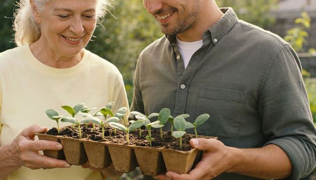 Smiling mother and adult son holding seedling tray with hands nurturing backyard garden seedlings