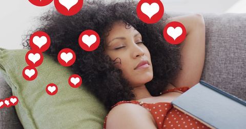 Woman Relaxing with Social Media Heart Icons