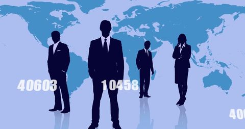 Global Business Team with Numbers and World Map Silhouettes