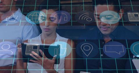 Diverse business team engaging social media interface concept