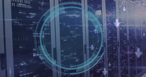 Digital Interface Overlay on Data Server Room with Holographic Scanner