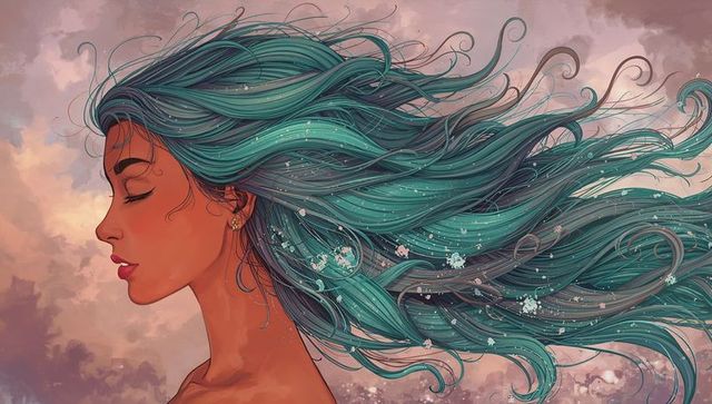 Elegant profile of woman with flowing teal hair in digital art