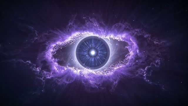 Cosmic eye nebula with radiant core and violet energy halo, futuristic space vision