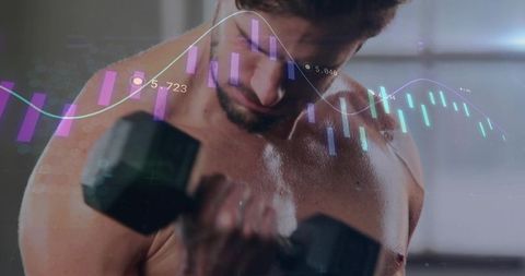Sweating athlete lifting hex dumbbell with financial chart overlay, performance analytics
