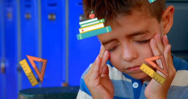 Young boy appearing stressed, holding head with hands and eyes closed, with animated graphics of books and rulers surrounding him. This visual can be used in blogs, articles, or campaigns related to the pressures of school, mental health in children, or educational challenges.