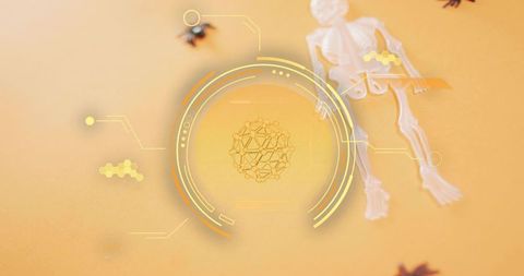 Glowing holographic molecular network over orange flatlay with toy skeleton and spiders