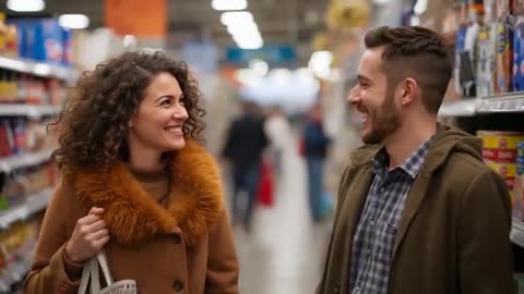 Couple smiling and chatting while pausing in supermarket aisle during casual shopping