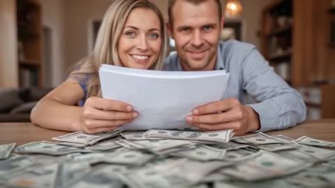 Smiling Couple Discussing Financial Documents with Dollar Bills in Living Room