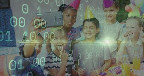 Diverse Children at Exciting Outdoor Party Taking Selfie Together