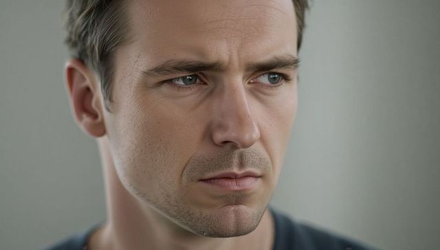 Adult Man Gazing Right with Contemplative Expression, Subtle Stubble, Neutral Background