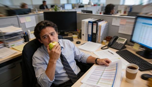 Pensive office worker eating apple while reviewing spreadsheets in cluttered cubicle with coffee