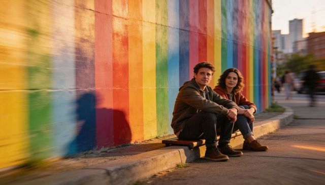 Young couple sitting on curb by vibrant rainbow mural wearing casual jackets and rolled jeans