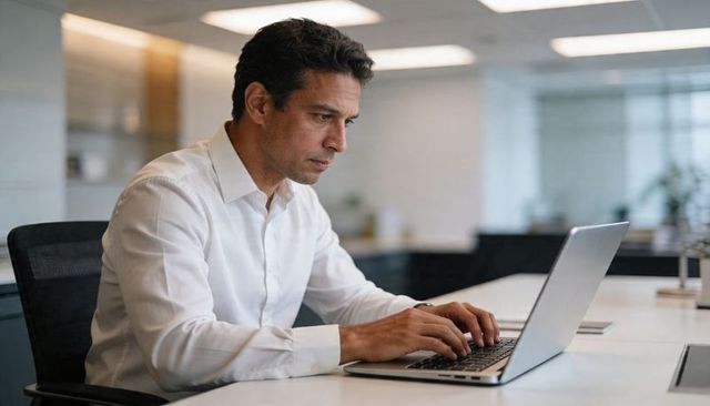 Executive typing on laptop in modern open-plan office wearing white shirt, focused