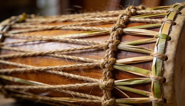 Close-up showing rope-tied hand drum with braided twine, reed lacing and skin drumhead
