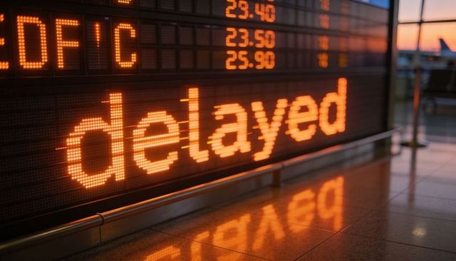 Led departure board showing 'delayed' at airport gate with warm sunset reflection
