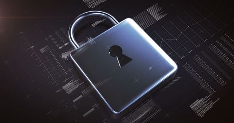 silver padlock symbolizes strong cyber security and data protection on computer-generated digital backdrop featuring graphs and network patterns, representing advanced technology in data encryption. suitable for illustrating topics on cybersecurity measures, online privacy, and digital protection campaigns on websites, presentations, articles, and marketing materials.