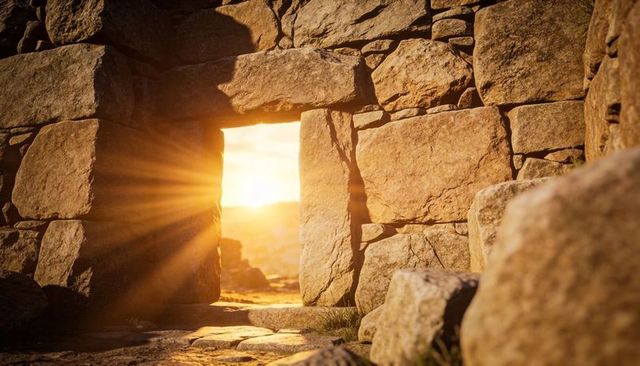 Sunlit stone doorway in ancient ruin at sunrise with golden sunbeams