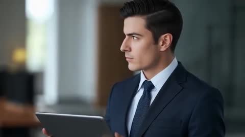 Man in Navy Suit Holding Tablet in Lobby Hearing Footsteps, Glancing Left Then Returning