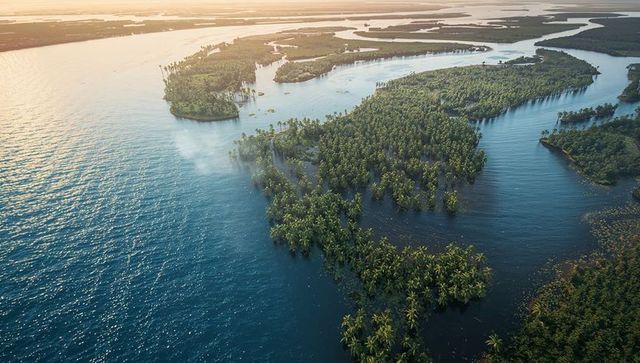 Sunrise illuminating tropical mangrove peninsula and island chain from aerial perspective
