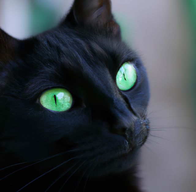 Close up of black cat with green eyes created using generative ai technology. Animals, pets and nature concept, digitally generated image.