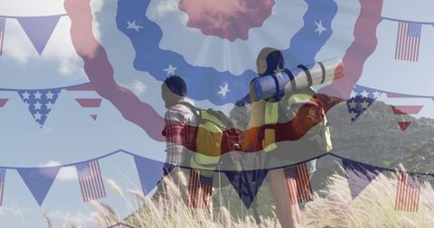 Patriotic Spirit: Diverse Couple Hiking Amid American Symbols