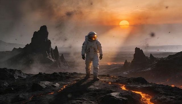 Lone astronaut walking across volcanic plain surveying glowing lava fissures at sunset