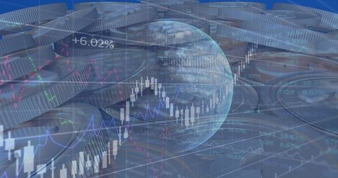 Global finance analytics with coins and digital data visualization