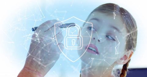Child and mentor exploring cybersecurity hologram with digital lock and network nodes