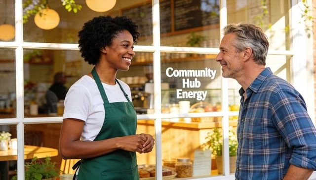 Smiling barista greeting customer at community hub cafe window, friendly business service
